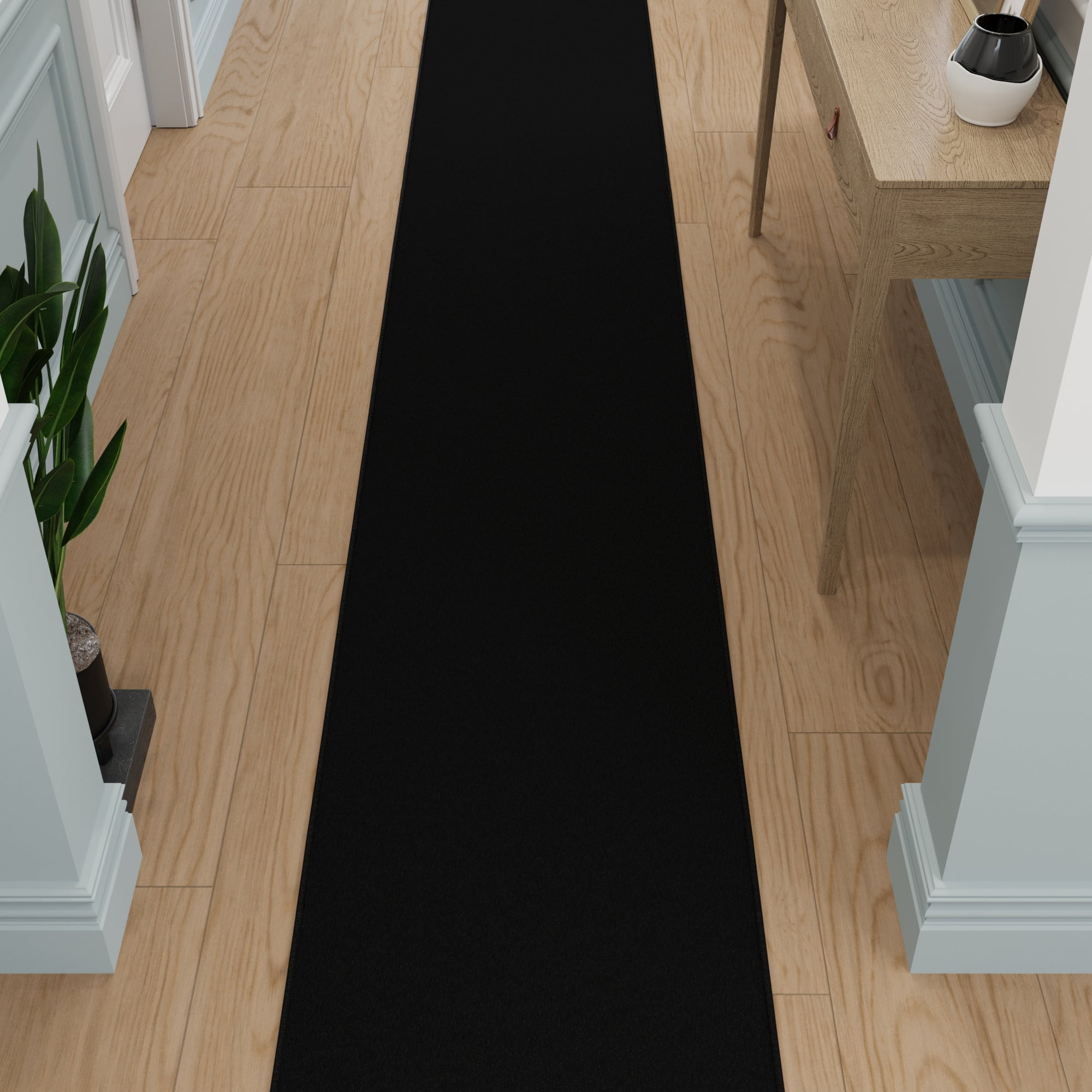 Ottomanson Extra Long Runner Rug Non-Slip Low Pile Stain Resistant, Solid Black, 1'10.5" x 39'