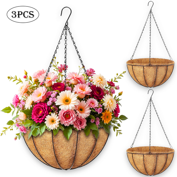 Diigabo 3-Pack Metal Hanging Planter 12-Inch Baskets Coconut Coir Liners Rustproof Iron Frame with Hook for Indoor Outdoor Porch Garden Décor