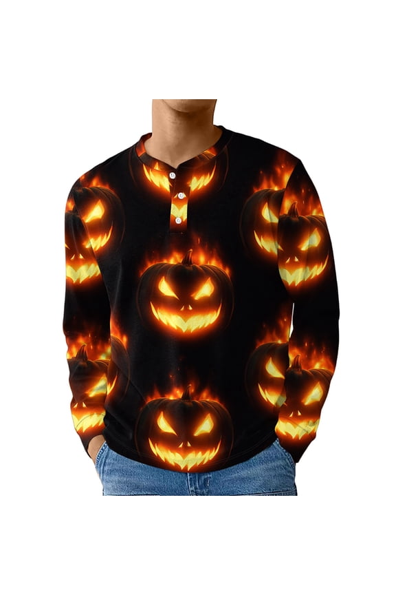 Men'S Tops, Graphic Tees, Long Sleeve Casual Henley Shirts With Halloween Print & Button Placket, Relaxed Fit-Up Tops For Streetwear Tees/T Shirts Tweed Vest Shirt Dress (L, Yellow) ZManTrek