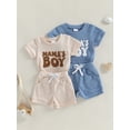 thumbnail image 3 of BemeyourBBs Newborn Baby Boys Mama's Boy Outfit Infant Baby Boy Summer Clothes Waffle Knit Short Sleeve Letters Embroidery Romper with Shorts Set 2Pcs Outfits, 3 of 9