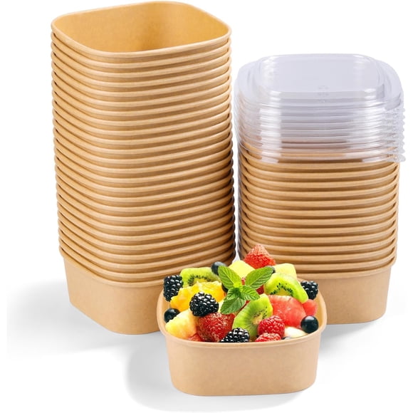 50 piezas-Pack 17 oz/500 ml Tazones cuadrados de ensalada desechables de papel kraft con sellado, contenedores para preparación de comidas, recipientes para alimentos anti-goteo