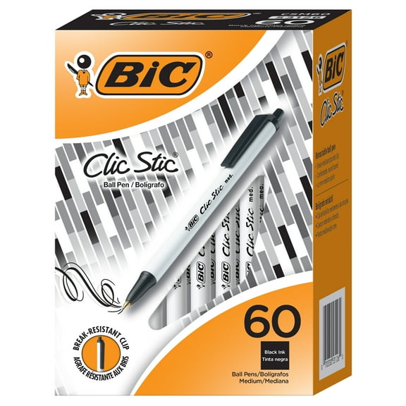 BIC Clic Stic Retractable Ball Pen, Versatile Medium Point, Black, 60 Count