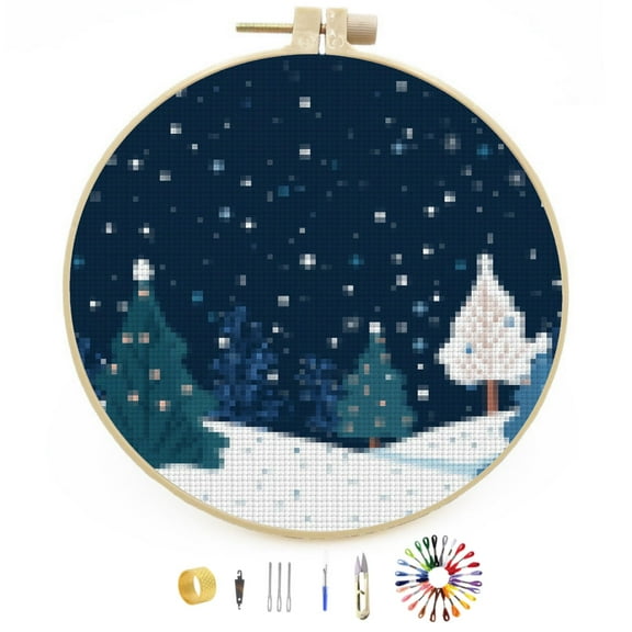 Merry Christmas Winter Snow Pine Tree DIY Stamped Cross Stitch Kits Easy for Beginners with Hoop 11CT Counted Embroidery Needlepoint Crafts Arts for Handmade Enthusiasts and Home Decor 30x30cm(7)
