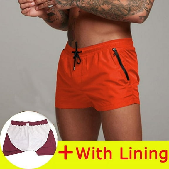 2025 New Mens Swimsuit Sexy Swimwear Men Swimming Shorts Men Briefs Beach Shorts Sports Suits Surf Board Shorts Men Swim Trunks (Orange Lining,XL)