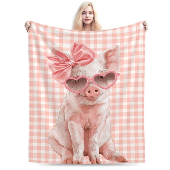 Preppy Pink Pig Throw Blanket, Bows & Gingham Artwork, Soft Flannel Fleece, Playful and Trendy Home Decor 50x40