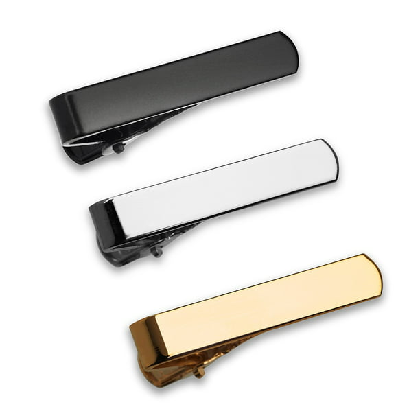3 Pc Set Mens 1.1 Inch Tie Bar Clip Pinch Clasp Very Skinny Ties, Silver,  Black & Gold in Deluxe Gift Box