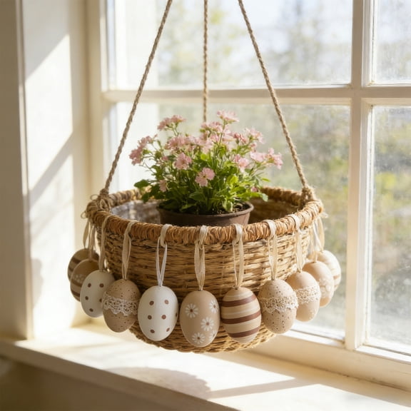 12PCS Colorful Easter Egg Hanging Ornaments Set - Decorative Patterned Egg Pendants for Easter Tree, Spring Home, Party, Garden & Holiday Decorations