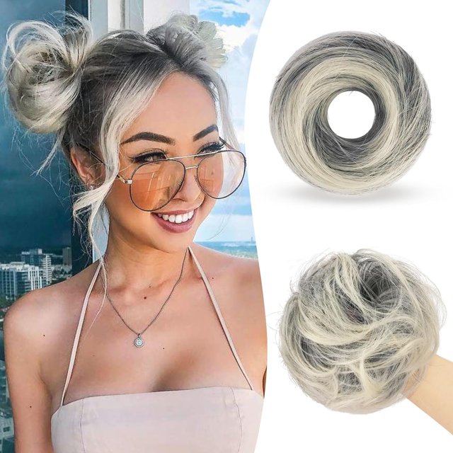 GHSDFBB SOFEIYAN 2 Pcs Chignon Désordonné Pièce de Cheveux Ondulée Bouclée Extension Mini Chignon Désordonné Chouchous Perruque Synthétique Accessoire Chignon Spatial Pièces de Cheveux pour Femmes Filles, Gris et Blanc Ti