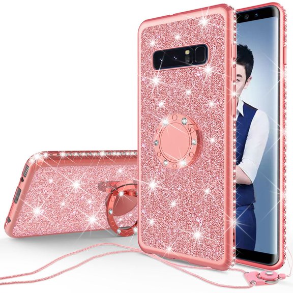 SOGA Diamond Bling Glitter Cute Phone Case with Kickstand Compatible for Samsung Galaxy S10 Plus Case, Rhinestone Bumper Slim with Ring Stand and Lanyard Girls Women Cover - Rose Gold
