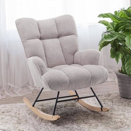 Upholstered Glider Rocking Chair with High Backrest and Padded Seat, Grey