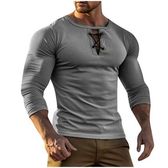 FAIWAD Mens Trendy Casual T-Shirt Lace Up V-Neck Long Sleeve Shirts Slim Stretch Workout Quick Dry Tees Tops
