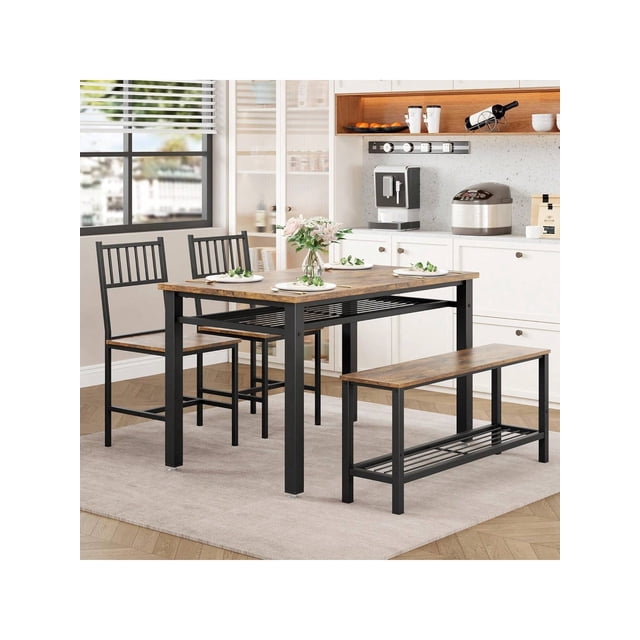 Bingirl 4 - Piece Dining Table Set for 4 People: Kitchen Table with 2 Chairs, 1 Bench, Storage Rack, and Metal Frame - Perfect for Small Space Apartments (Brown)