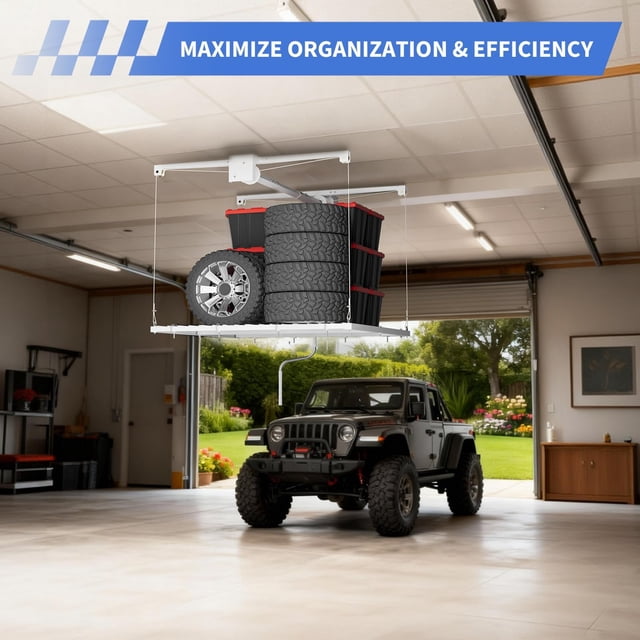 Heavy-Duty Overhead Garage Ceiling Storage Rack – 4x4 ft Adjustable Carbon Steel – 350 lbs Capacity – Manual Hand Crank Lift – Space-Saving – 4x4 ft, Color: Spray White-ZCW, Specs: 4x4 ft