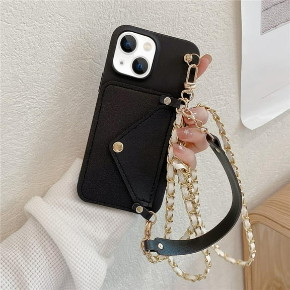 Compatible with iPhone 14 Case with Wallet Card Holder Crossbody Neck Strap Lanyard Handbag Fashion Luxury Protection Shockproof Cover for Women Girls Black
