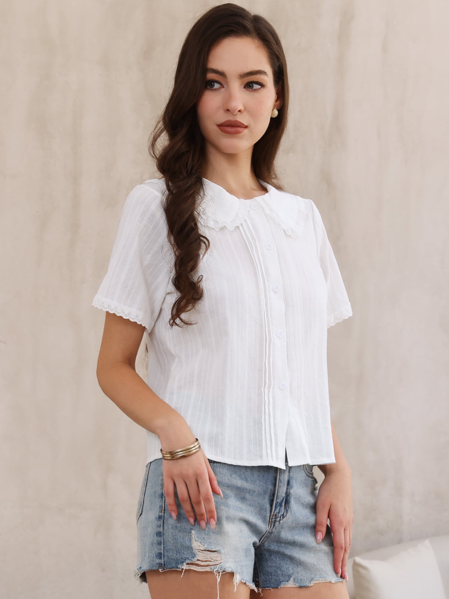 DARING DIVA Women's Short Sleeve Ruffle Pan Collar Button Down Cotton Blouse S White