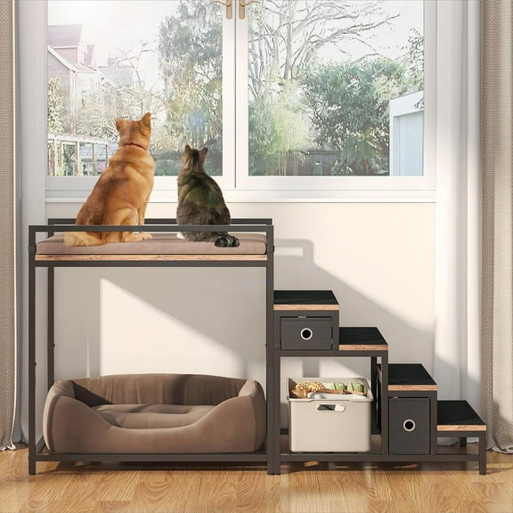 SAEWUD Pet Bunk Bed with Stairs & Storage – Multi-Level Window Perch for Dogs/Cats, Elevated Bedside Pet Bed with Foam Upholstery (Brown)
