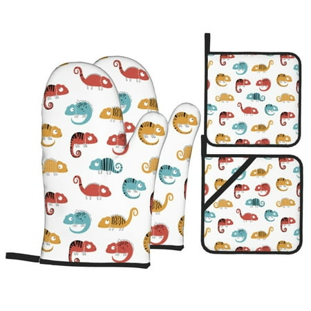 

Oven Mitts and Pot Holders 4 pcs Set Cartoon Cute Chameleon Lizard_A Heat Resistant Pot Holders Oven Mitts for kitchen Non-Slip Hanging Loop Oven Glove Potholders for Baking Cooking