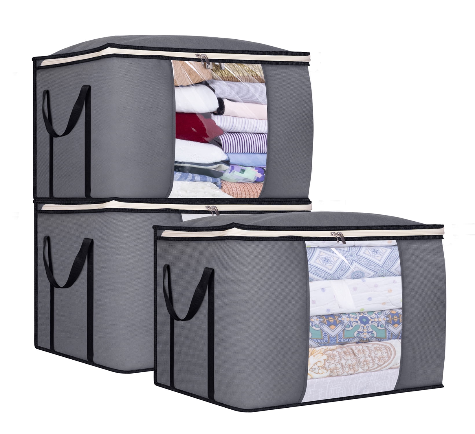MISSLO 100L Clothes Storage Organizer 3PCS Foldable Comforter Blanket Bags Large Clothing Containers for Closet, Bedroom, Gray