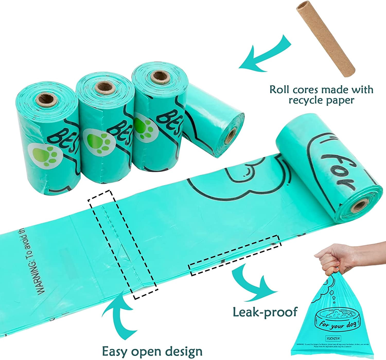 Dog Poop Bags Holder with LED Flashlight|Pet Waste Bags Dispenser for Leash|Doggie Potty Bags Container with Leak-proof Pet Trash Bags and Accessories (180 Bags, Crystal Blue)