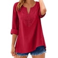 thumbnail image 3 of Women's Cotton Linen 3/4 Sleeve V Neck Lace Blouse Loose Fit Casual, 3 of 8