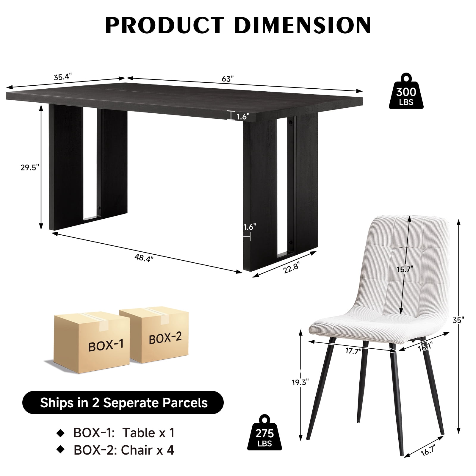63" Dining Table Set for 4 6 People, 5 Piece Kitchen Dining Room Table with 4 White Corduroy Chairs for Living Kitchen Room Apartment