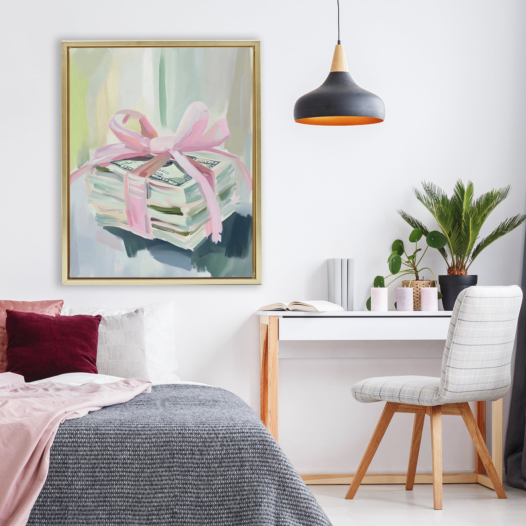 Stupell Industries Pink Bow Cash Bundle Gold Framed Floater Canvas Wall Art, design by The Prints Vibe