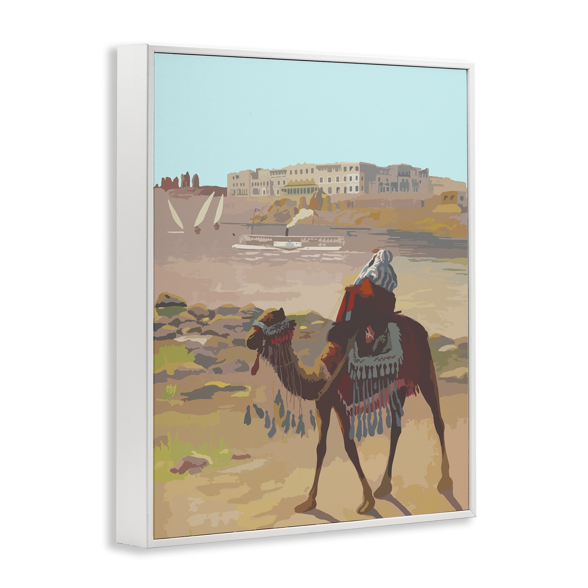 Stupell Industries Camel in Desert Town Landscape Painting White Framed Art Print Wall Art, 11 x 14