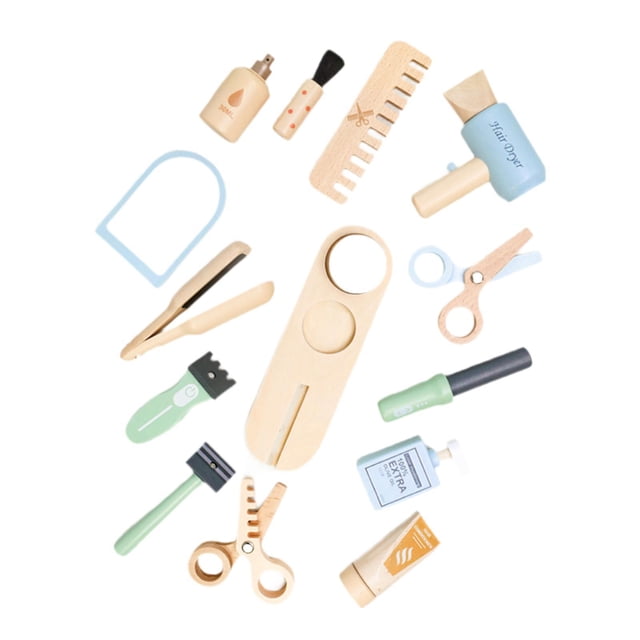 Juego de peluquería infantil de 16 piezas, herramientas de corte de madera, juego de peluquería, accesorios de peluquería, material duradero, adecuado