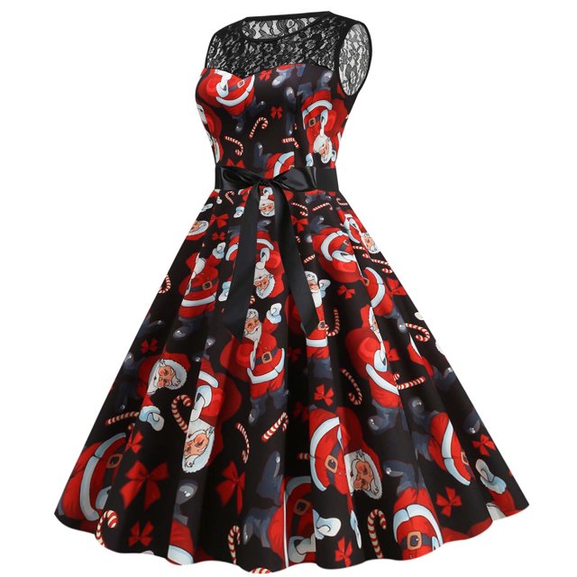 CEHVOM Women Vintage Fall Winter Sleeveless Lace Stitching Noël O-Neck 1950s Housewife Evening Party Prom Dress