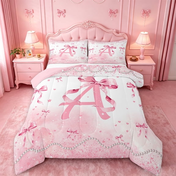 meiyoeat Pink Bow Monogram A Full Size Comforter Sets,Cute Ribbon Bowknot Bedding Comforter Set For Girl,Pink Reversible,3-Piece,1 Comforter and 2 Pillowcases