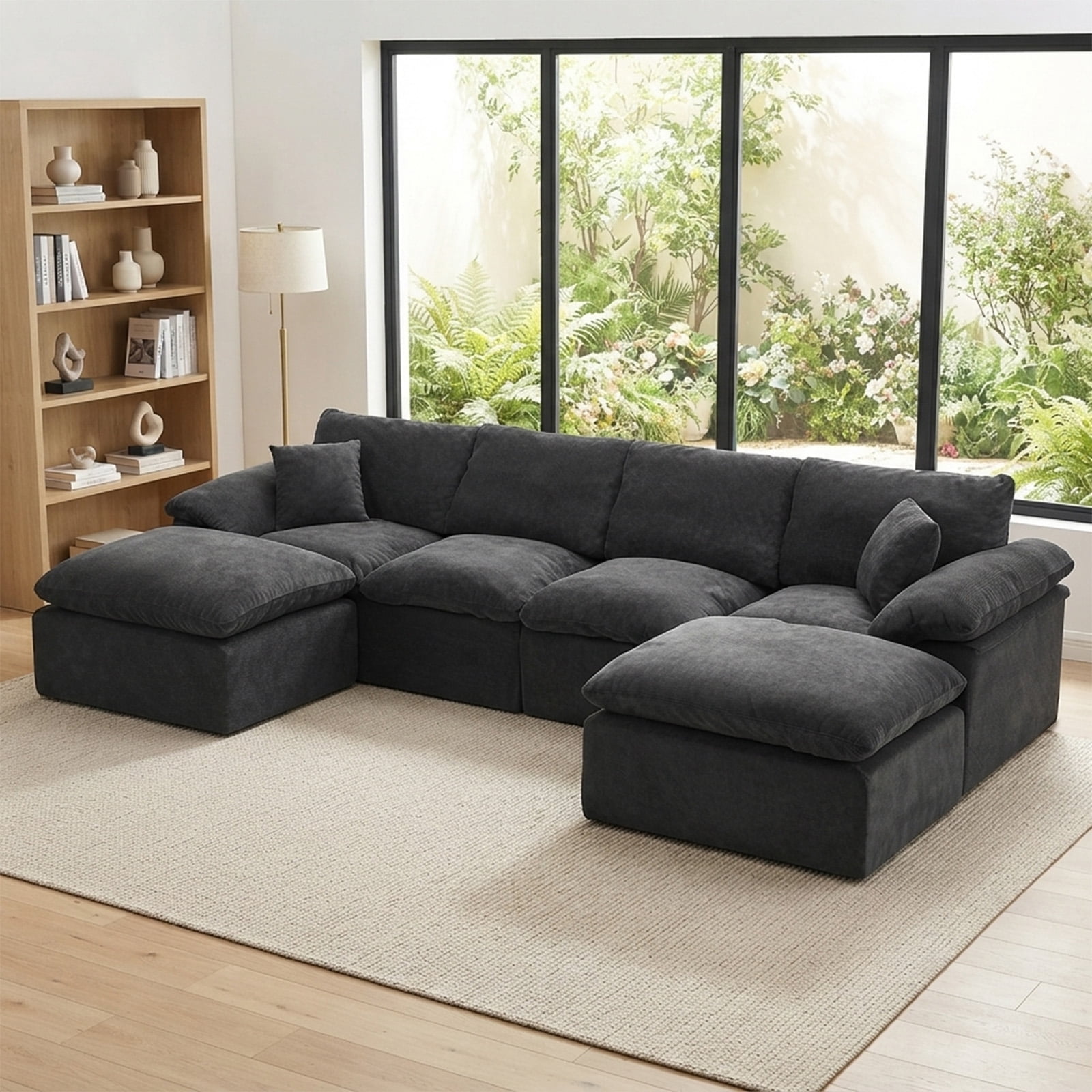 Aisword 130" Modular Sectional Sofa,Oversized Cloud Couch with Movable Ottoman,U-Shaped Convertible Boneless Sofa,Deep Seat Chenille Sectional Couch for Living Room,Black