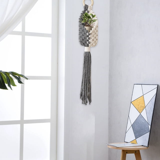 Cesta colgante tejida a mano | Jardinera colgante Bolsa de red verde | Maceta de jardín decorativa con suspensión aérea | Caqui gris duradero | 45x10cm | Pantalla interior y exterior