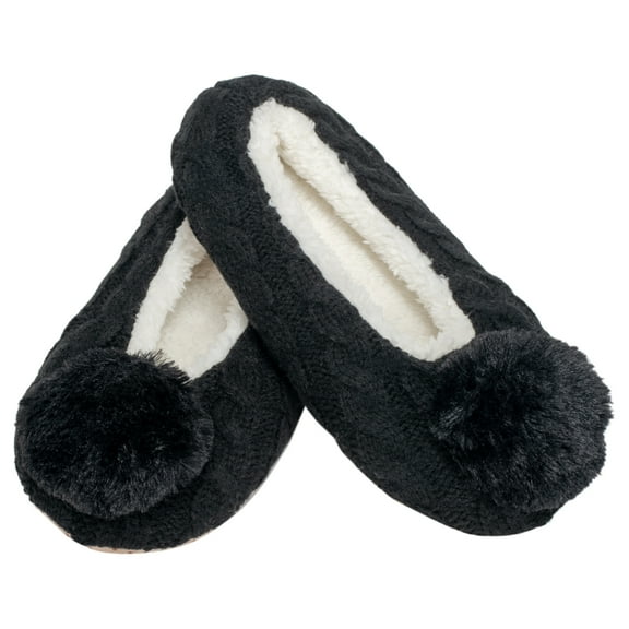 Ballerina Knit Pom Womens Plush Lined Cozy Non Slip Indoor Soft Slipper - Black Medium