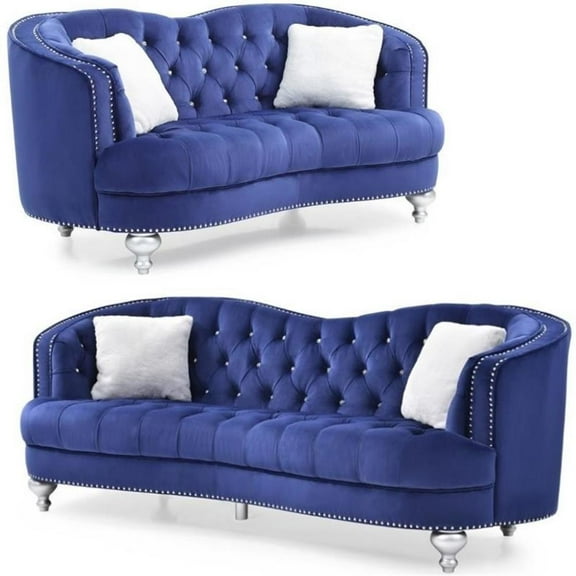 Home Square 2-Piece Furniture Set with Velvet Loveseat and Sofa in Blue