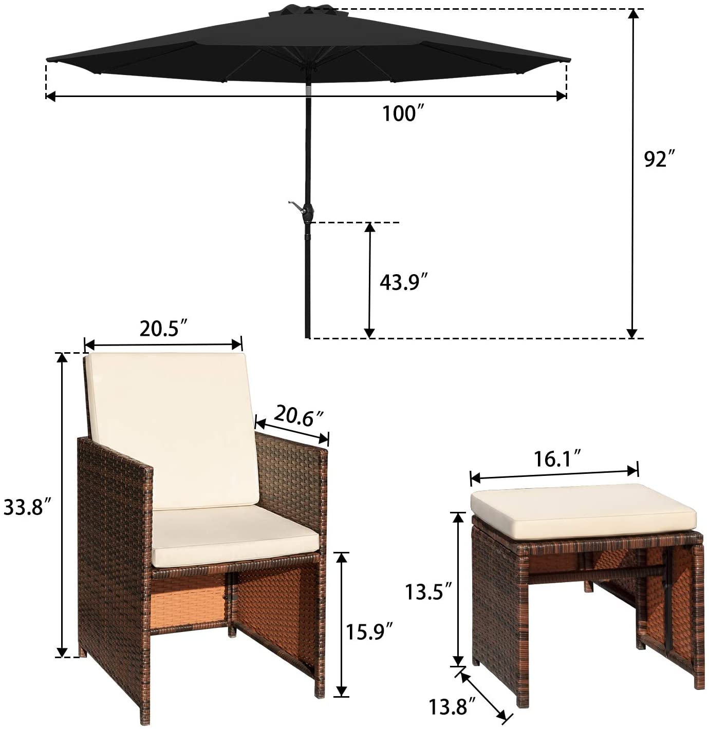 Vineego 5 Pieces Wicker Outdoor Patio Furniture Set Patio Chairs with Umbrella and Ottoman (Black)
