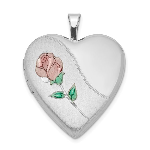 Sterling Silver Heart Locket Pendant Necklace for Women with Rose Engraving, Pink and Green Accents, Romantic Floral Jewelry, Sentimental Keepsake for Photos, Satin Finish