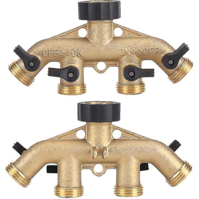 Distribuidor de manguera de 4 vías fabricado en latón macizo, con válvula de cierre, grifo y salidas, utiliza hasta 4 mangueras al mismo tiempo.