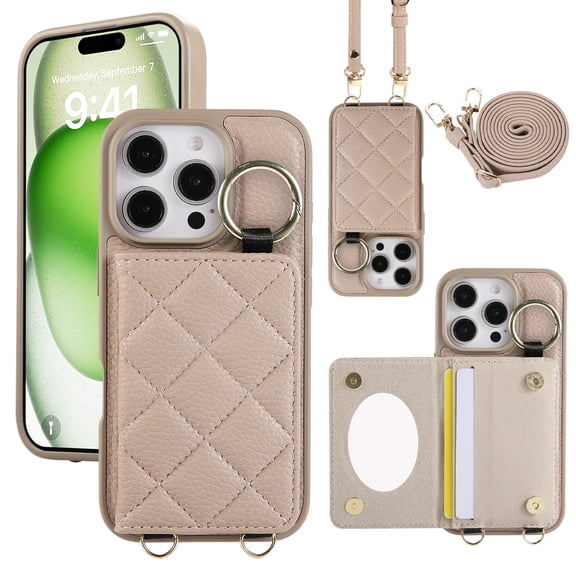 Crossbody Wallet Case for iPhone 16 Pro with Make-up Mirror, PU Leather Lanyard Purse Magnetic Clasp Card Holder, Flip Kickstand Shockproof Phone Cover for iPhone 16 Pro, Khaki