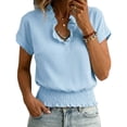 thumbnail image 2 of ClodeEU Women's V Neck Short Sleeve T-Shirt with Ruff Trim , Casual Solid Color Top with Elastic Smocked Waist Light Blue,Women's Plus L, 2 of 7