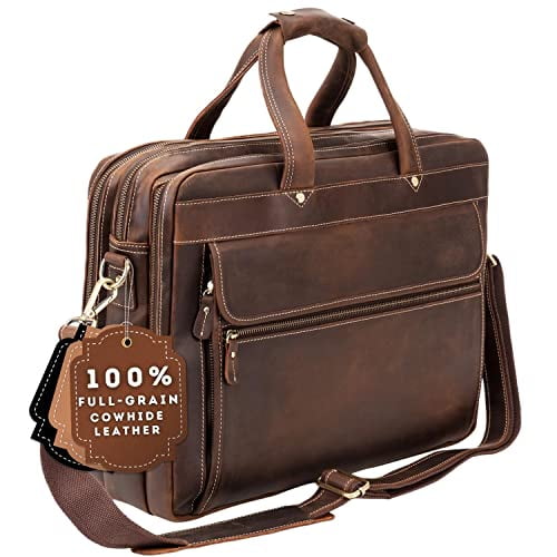 LUXORRO Full Grain Leather Briefcase for Men Handcrafted Leather Laptop Bag for Men w Many Compartments And Brass Hardware Arrives In Elegant Gift