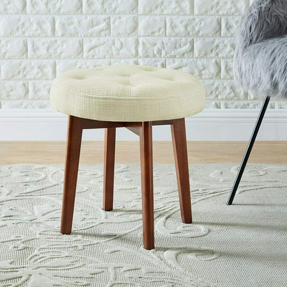 24KF Linen Tufted Round Ottoman with Solid Wood Leg-Cream