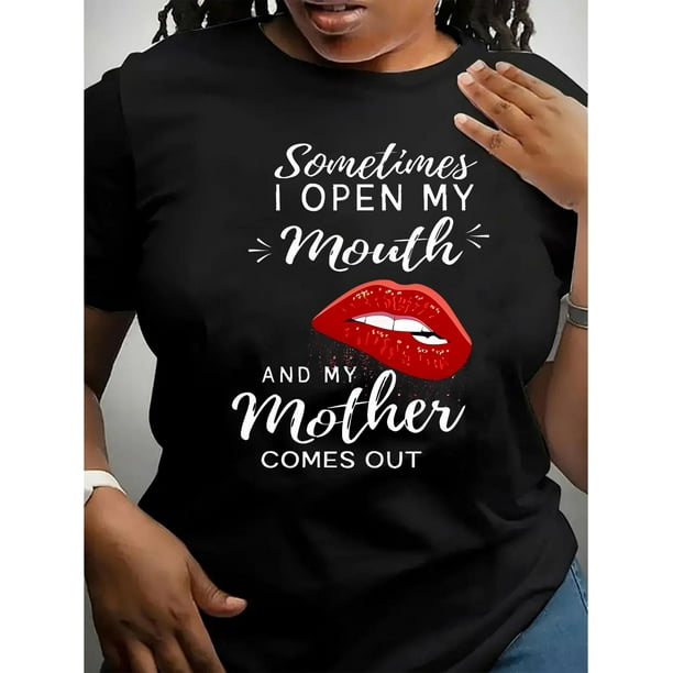Camisetas De Manga Corta Para Mujer, Camisetas De Verano Para Oficina, Camping, ComprasChic Red Lips & Letter Print Women's T-Shirt - Casual Crew Neck, Short Sleeve, Stretchy Polyester Blend, Machin