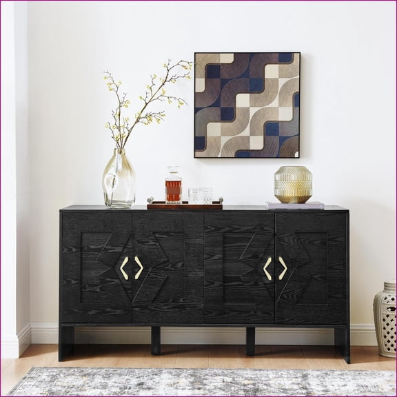 Sideboard Buffet Cabinet, 60" Mid Century Modern Black Storage Cabinet with Adjustable Shelves, TV Media Console | P2 Grade MDF | Solid Wood Feet