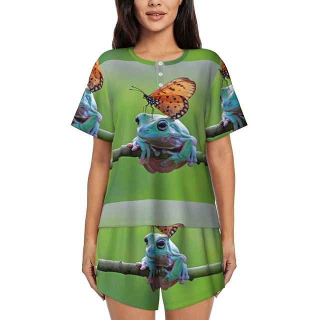 Xecao Butterfly Landing On Head Dumpy Frog Pattern Women's Short Sleeve Pajama Set Soft Sleepwear Lounge Set with Button Front Top and Drawstring Shorts with Pockets-3X-Large