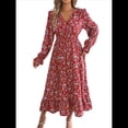 thumbnail image 2 of Vestido de Mujer con Estampado Floral, Cuello en V, Dobladillo con Volantes y Cintura Fruncida. Rojo M, 2 of 10