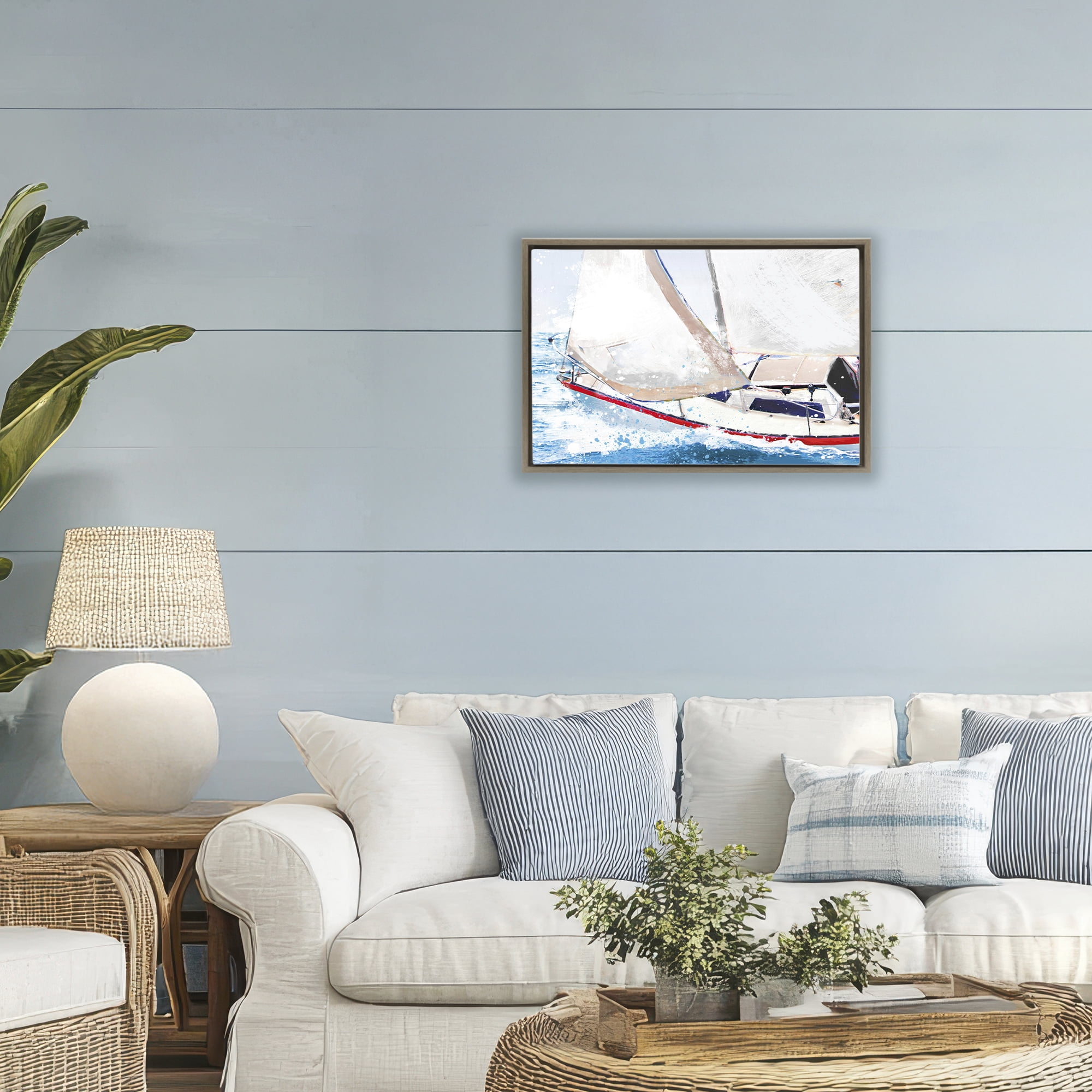 Stupell Industries Sailboat Racing Through Blue Waves Brown Framed Floater Canvas Wall Art, design by Porter Hastings