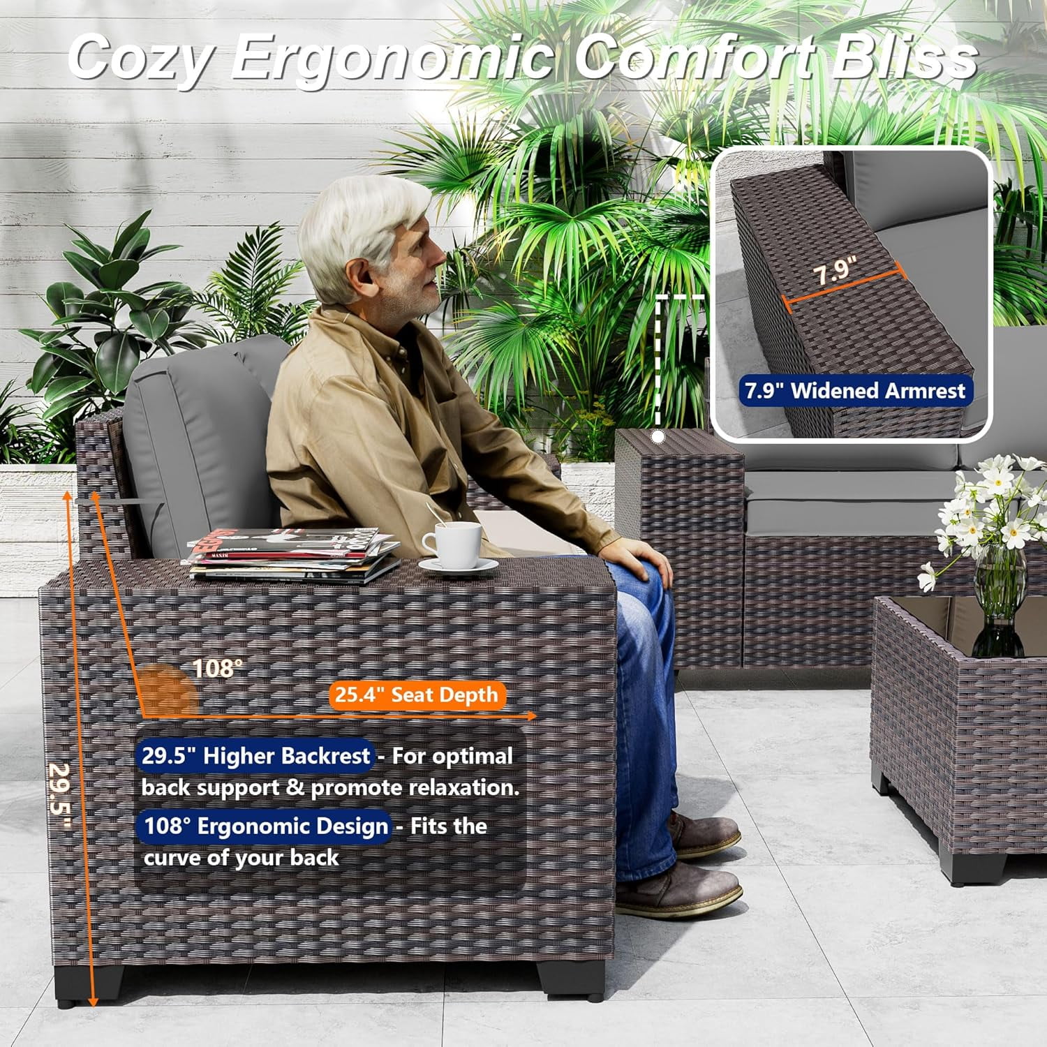 ASJMR 7 Pieces Wicker Patio Furniture Set With Gas Fire Pit Table,Outdoor Rattan Sectional Sofa Conversation Set With Cushions & Coffee Table,Gray