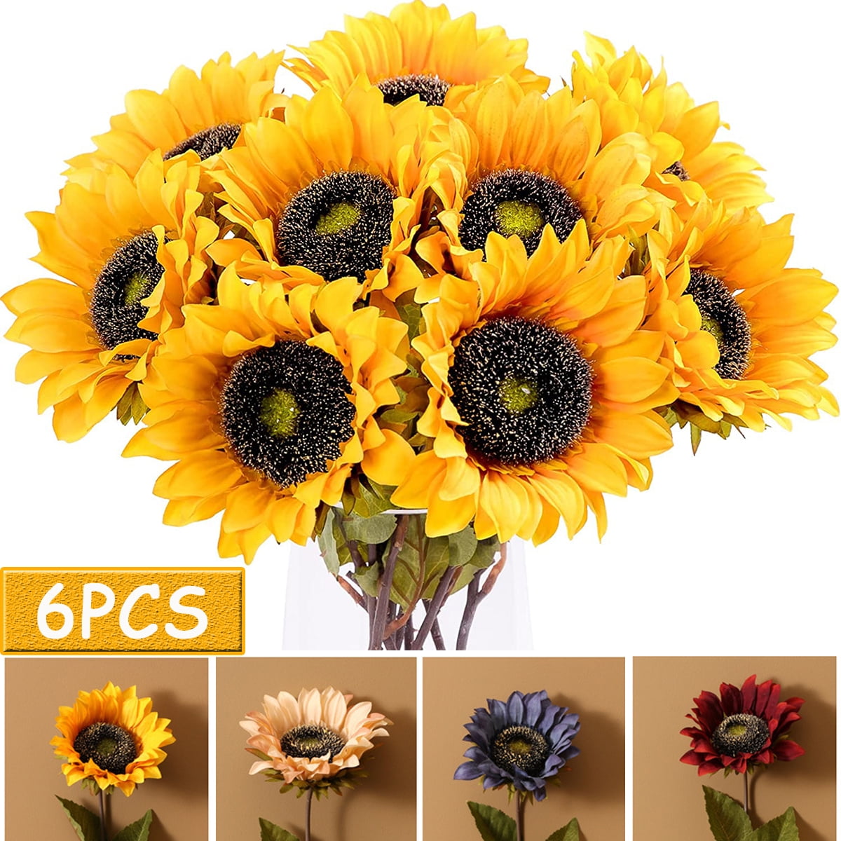 6PCS Sunflowers Artificial Flowers Silk Sunflower with Stem Arrangement
