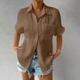 thumbnail image 2 of HBFAGFB Womens Shirts Lapel Button Down Cardigan Short Sleeve Top with Pockets Daily Wear Brown Size L, 2 of 5