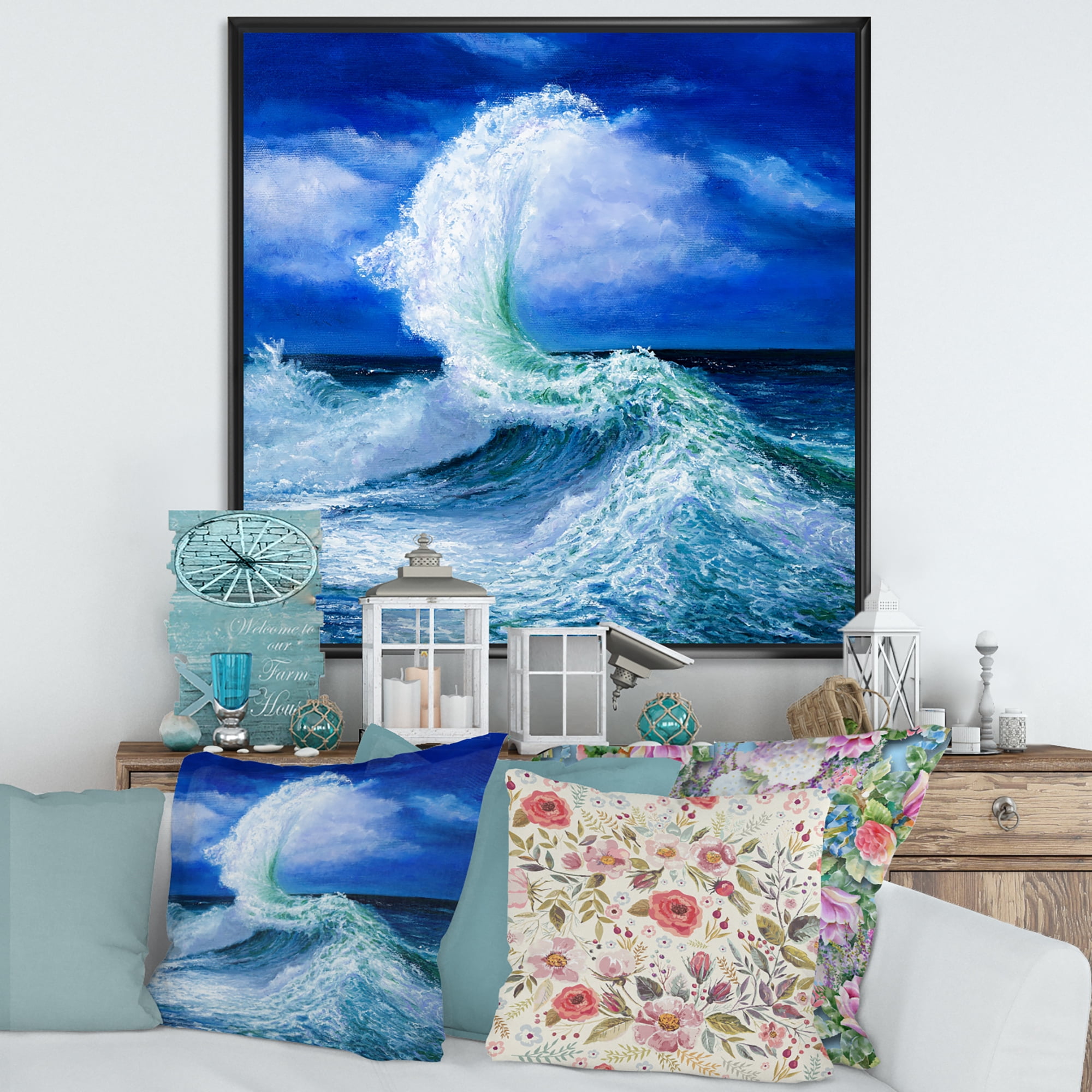 Designart 'Waves Breaking During Wild Blue Ocean Tide' Nautical & Coastal Framed Canvas Wall Art Print